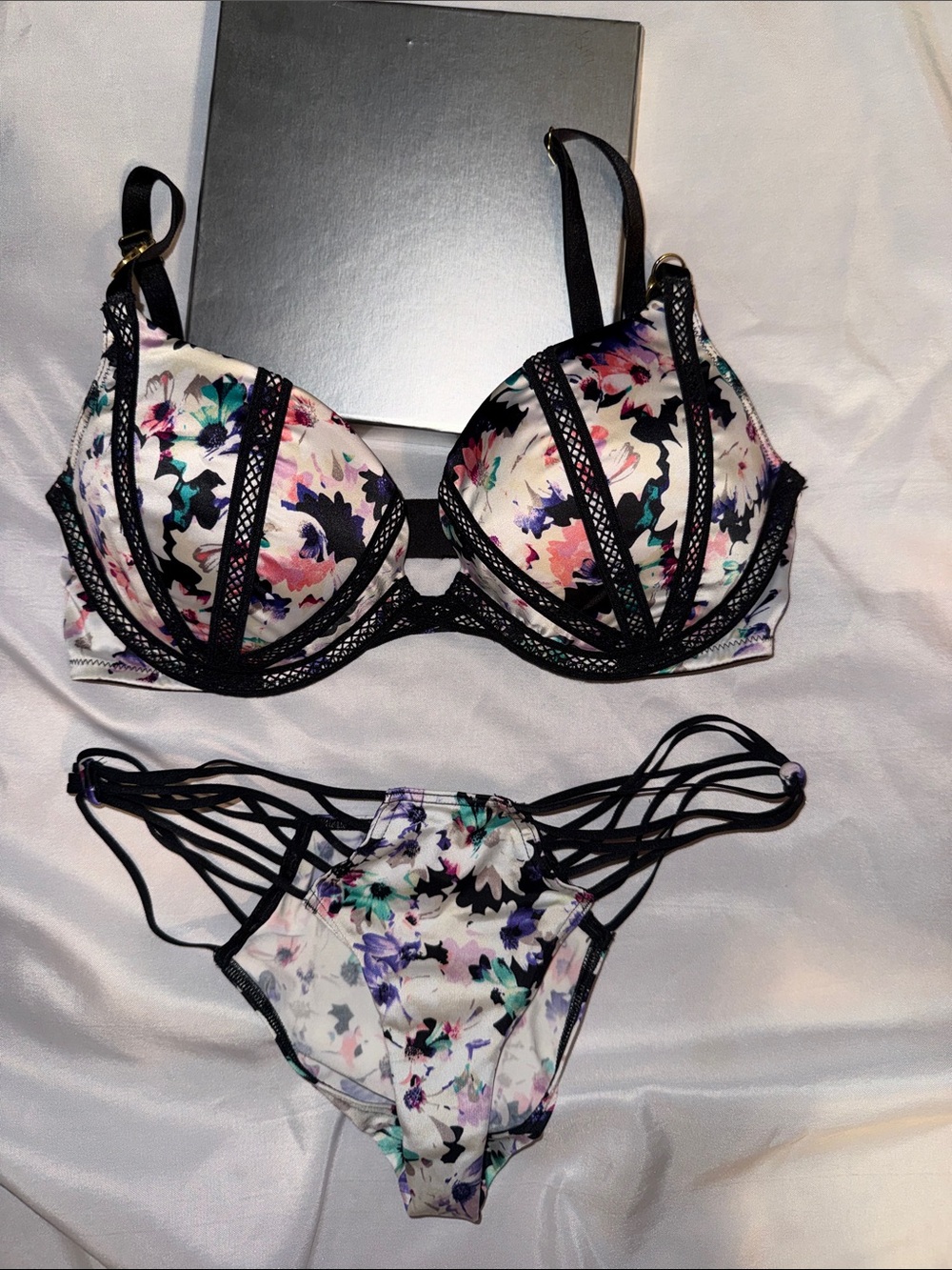 Victoria's Secret Floral White & Black Strappy Bra and Panty Set